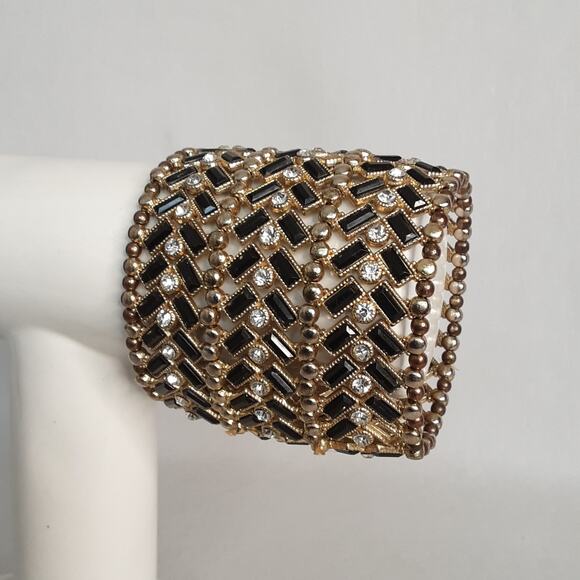 Beaded Wide Stretch Bracelet Chevron Design Gold Tone Black Clear Stones - Picture 3 of 9
